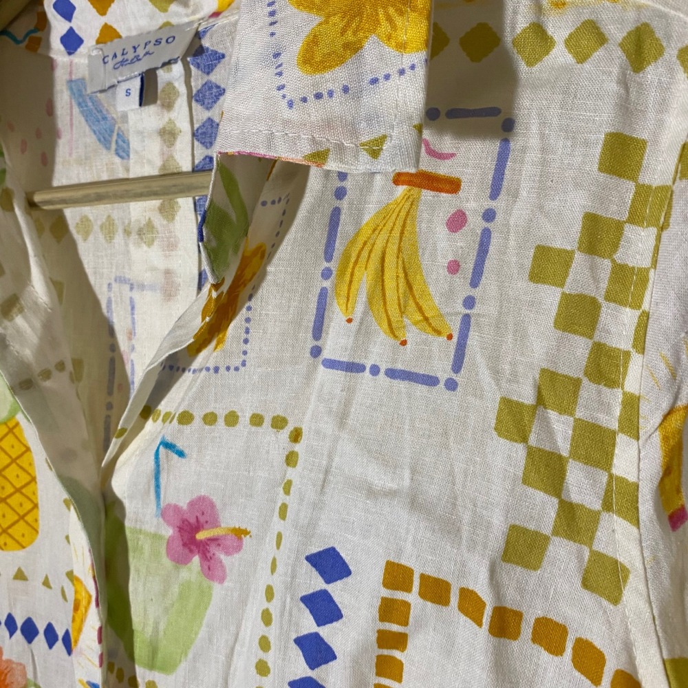 Calypso St. Barth Linen Rayon Tropical Print Shirt Small Button Down Top Bananas - Picture 5 of 8